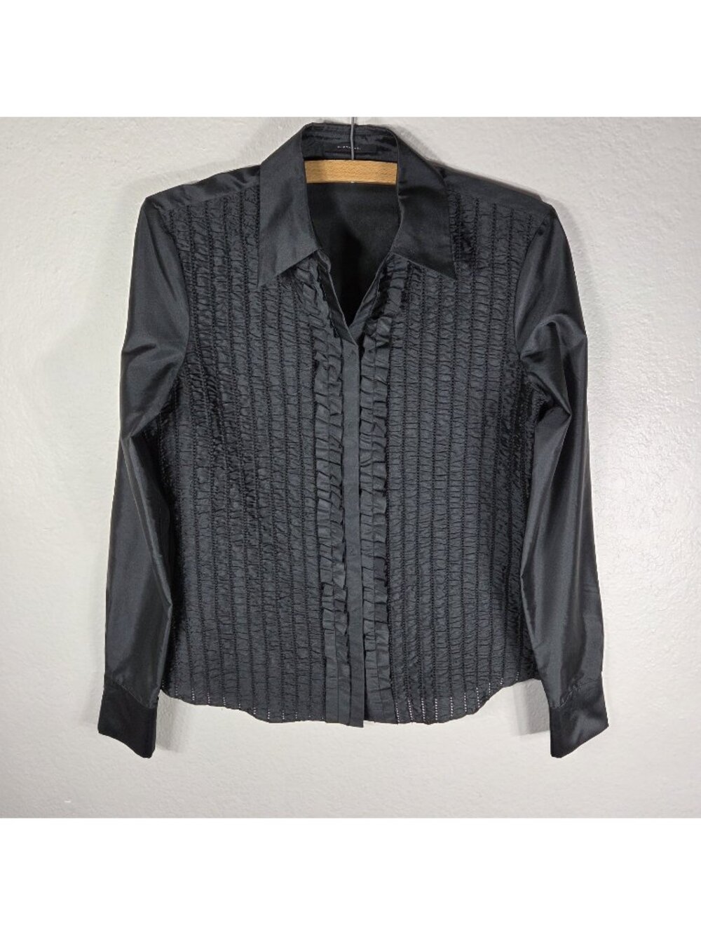 Elie Tahari Black Satin Ruched Button Front Silk Blend Shirt Blouse S Ruffle